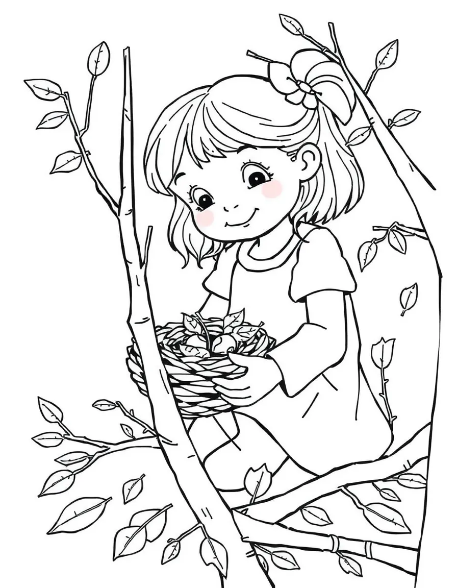 A girl making a "bird nest" out of twigs and leaves.