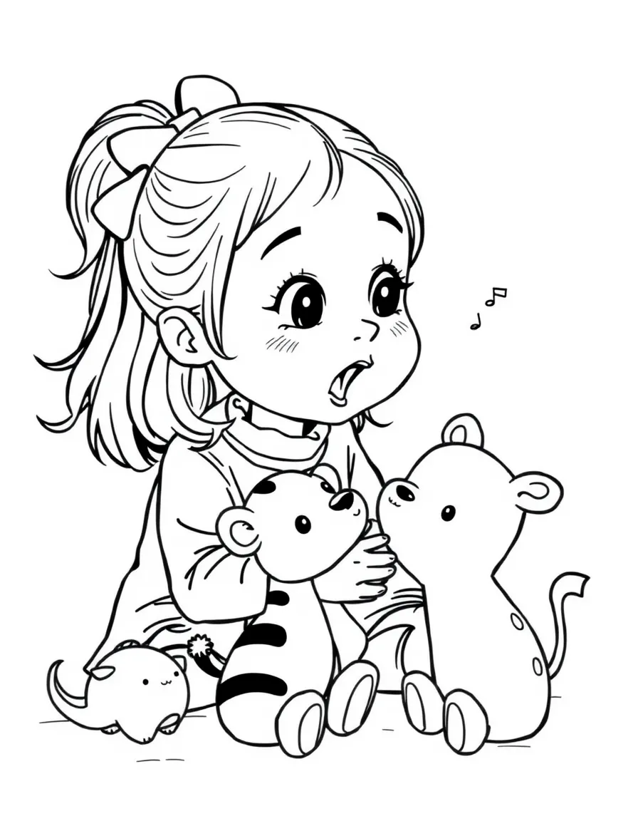 A girl playing with toy animals, making animal sounds.