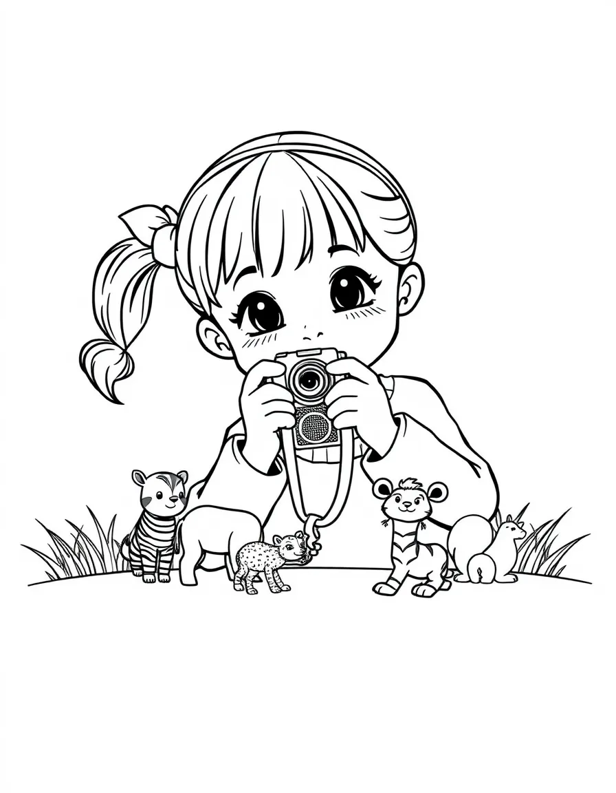 A girl pretending to be a wildlife photographer, taking pictures of toy animals.