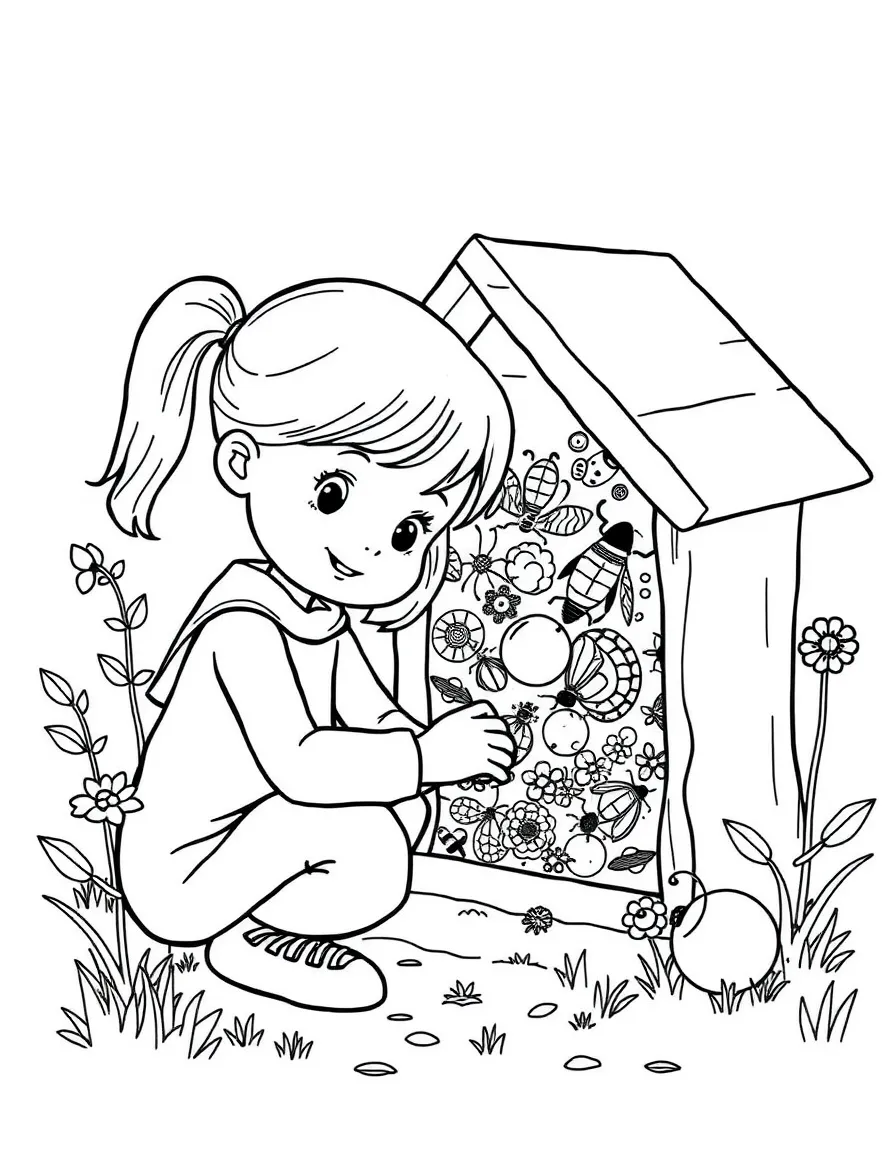 A girl making a "bug hotel" for insects.