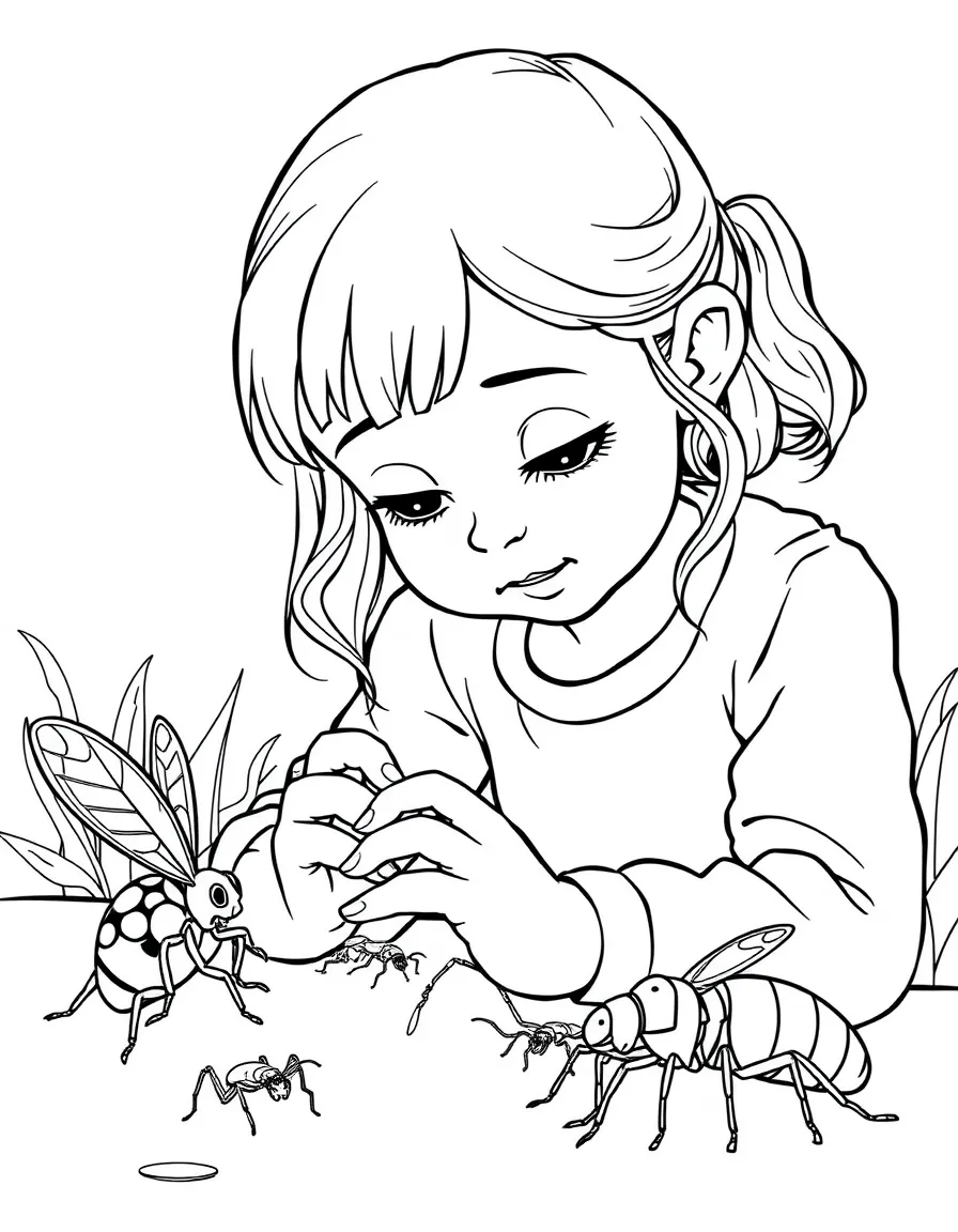 A girl playing with toy insects, observing their features.