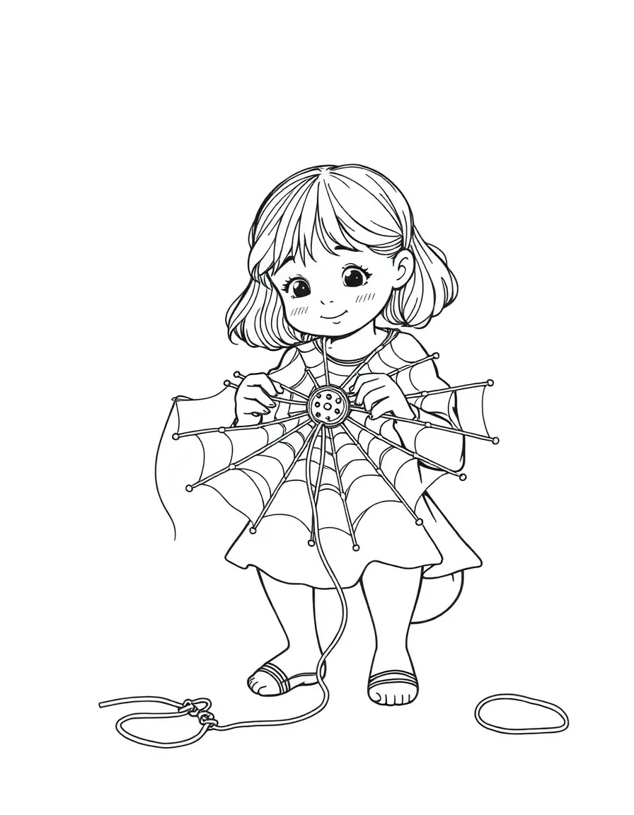 A girl making a "spider web" craft with yarn.