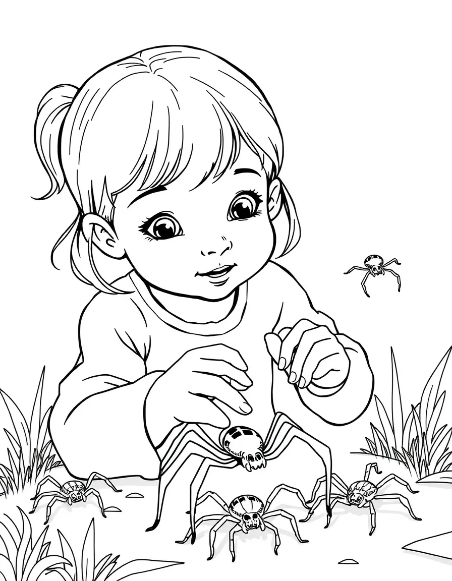 A girl playing with toy spiders, making them crawl.