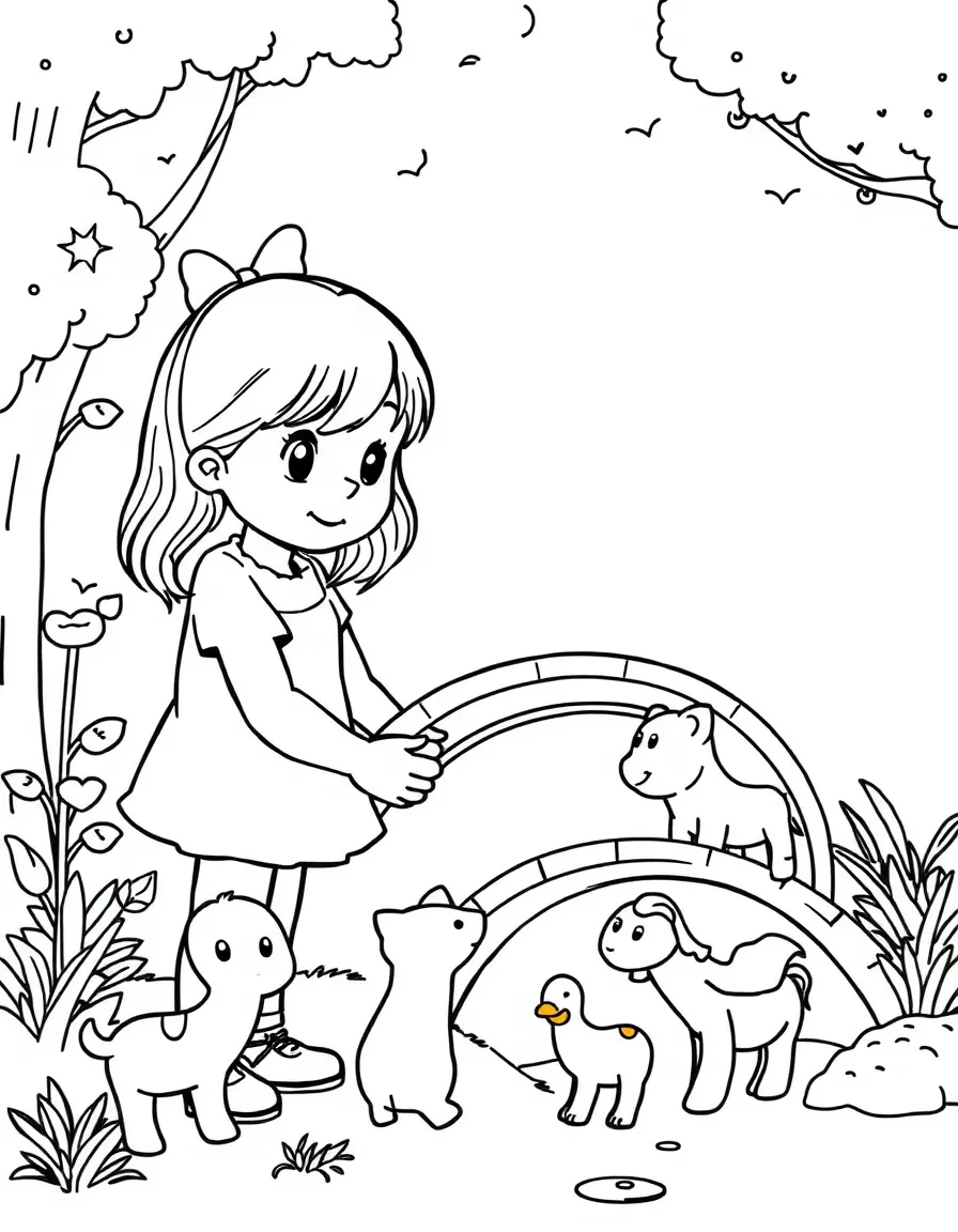 A girl making a "rainbow bridge" for toy animals.