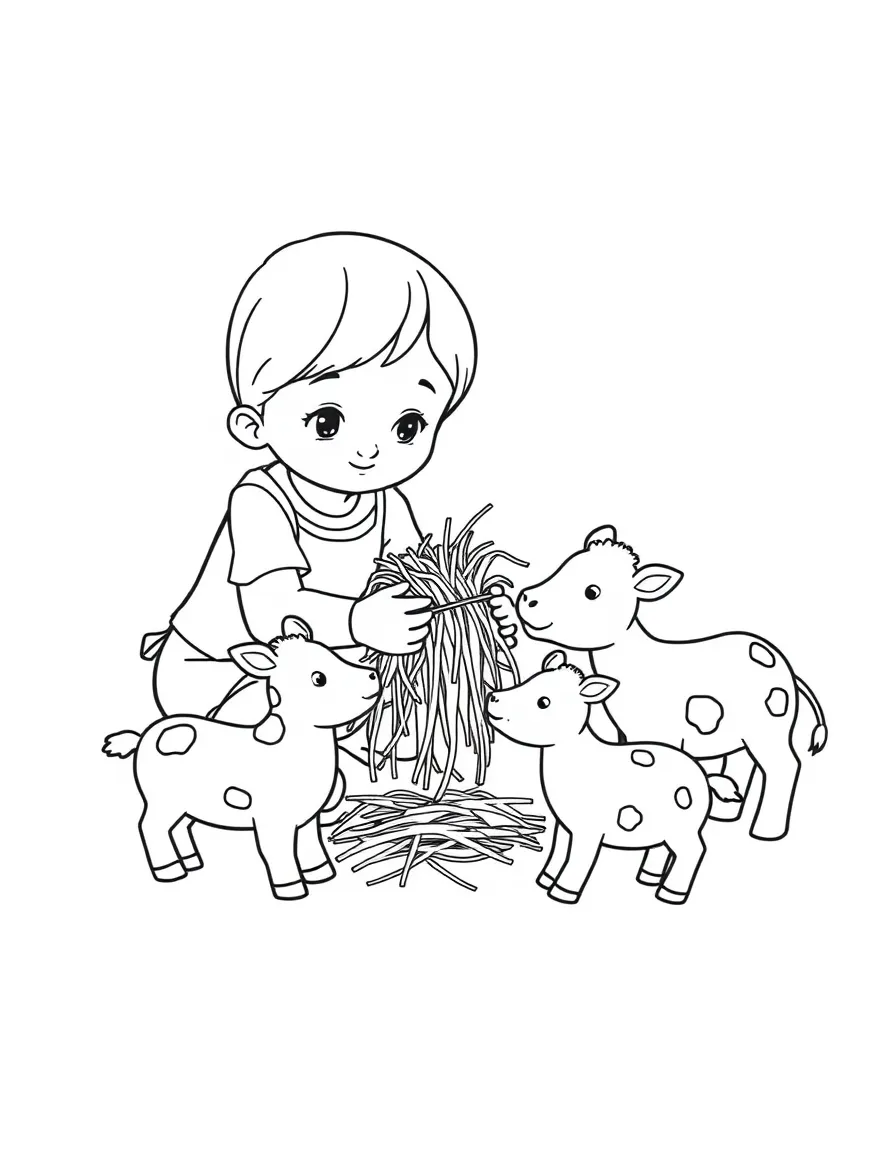 A girl playing with toy farm animals, feeding them pretend hay.
