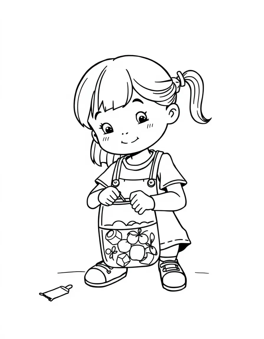 A girl making a "piggy bank" out of a recycled container.