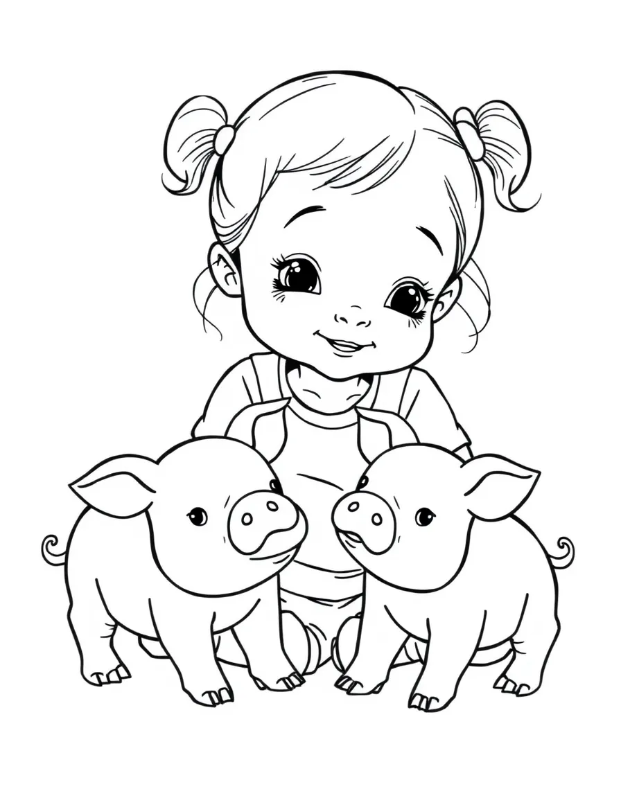 A girl playing with toy pigs, making oink sounds.