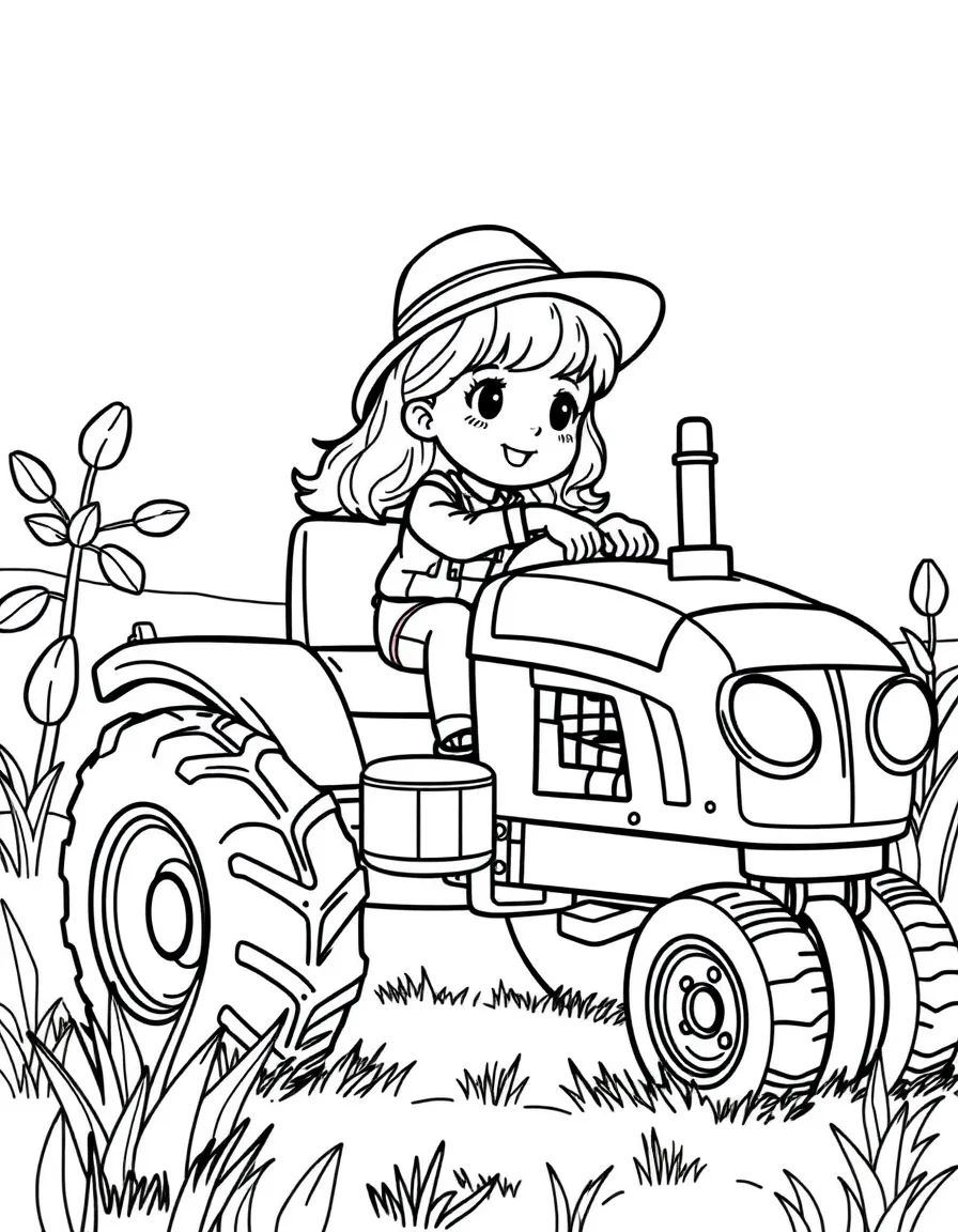 A girl pretending to be a farmer, driving a toy tractor.