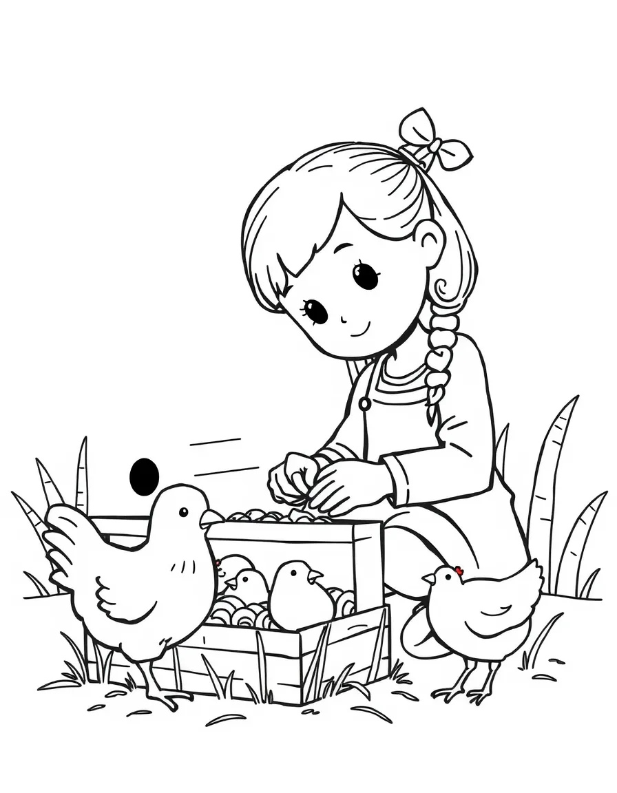 A girl making a "chicken coop" for toy chickens.