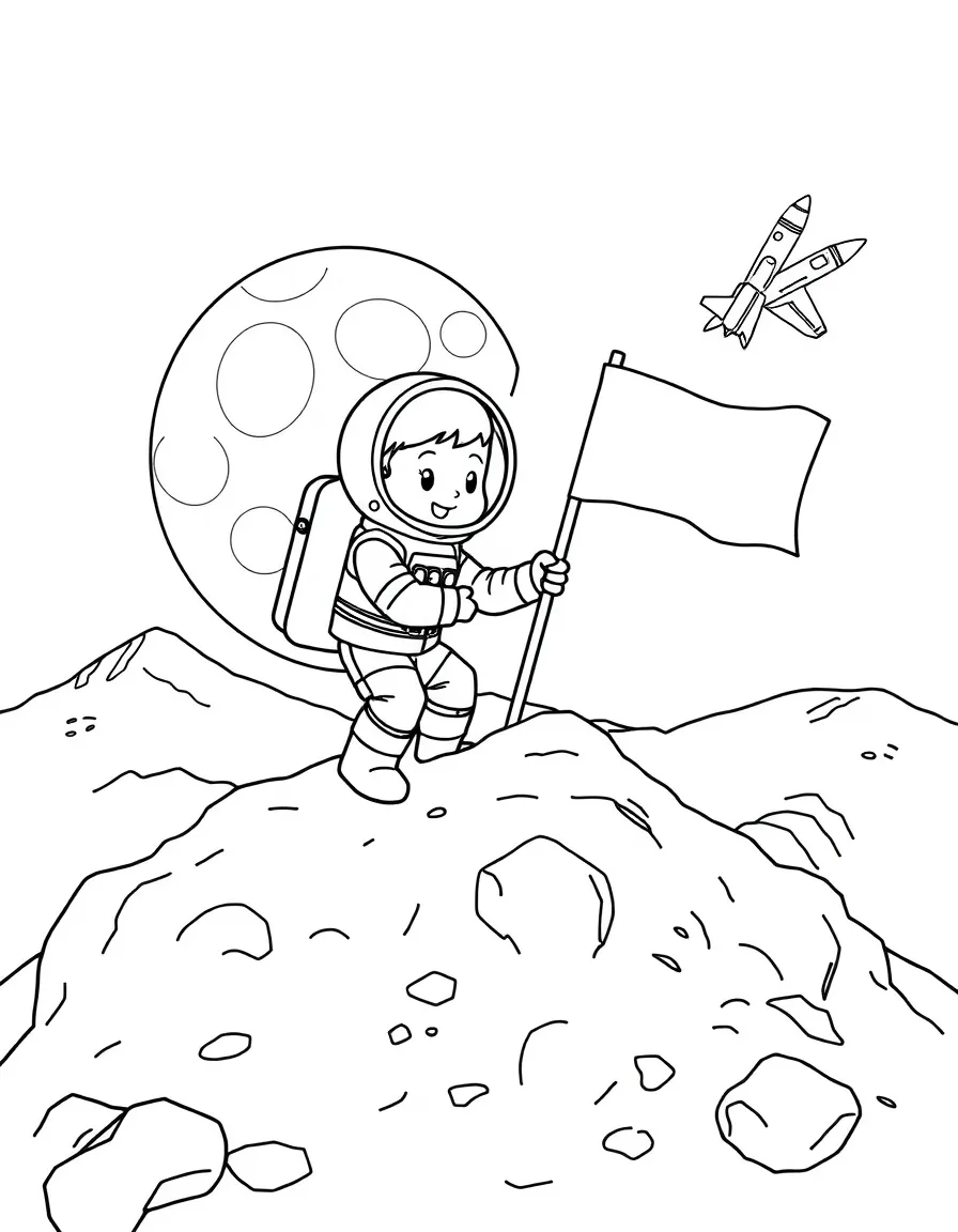 A boy astronaut exploring a rocky moon, planting a flag with a space shuttle in the background.