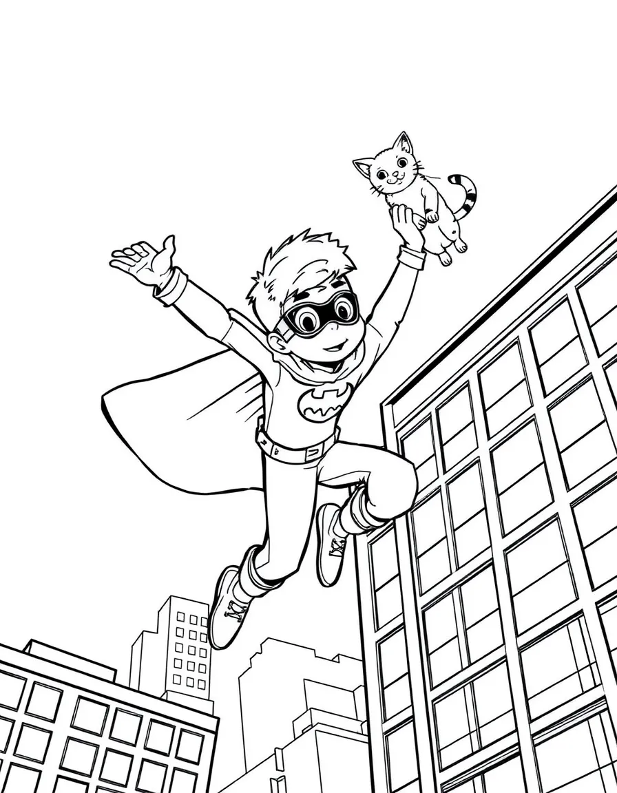 A boy superhero flying through the city, rescuing a cat from a tall building.