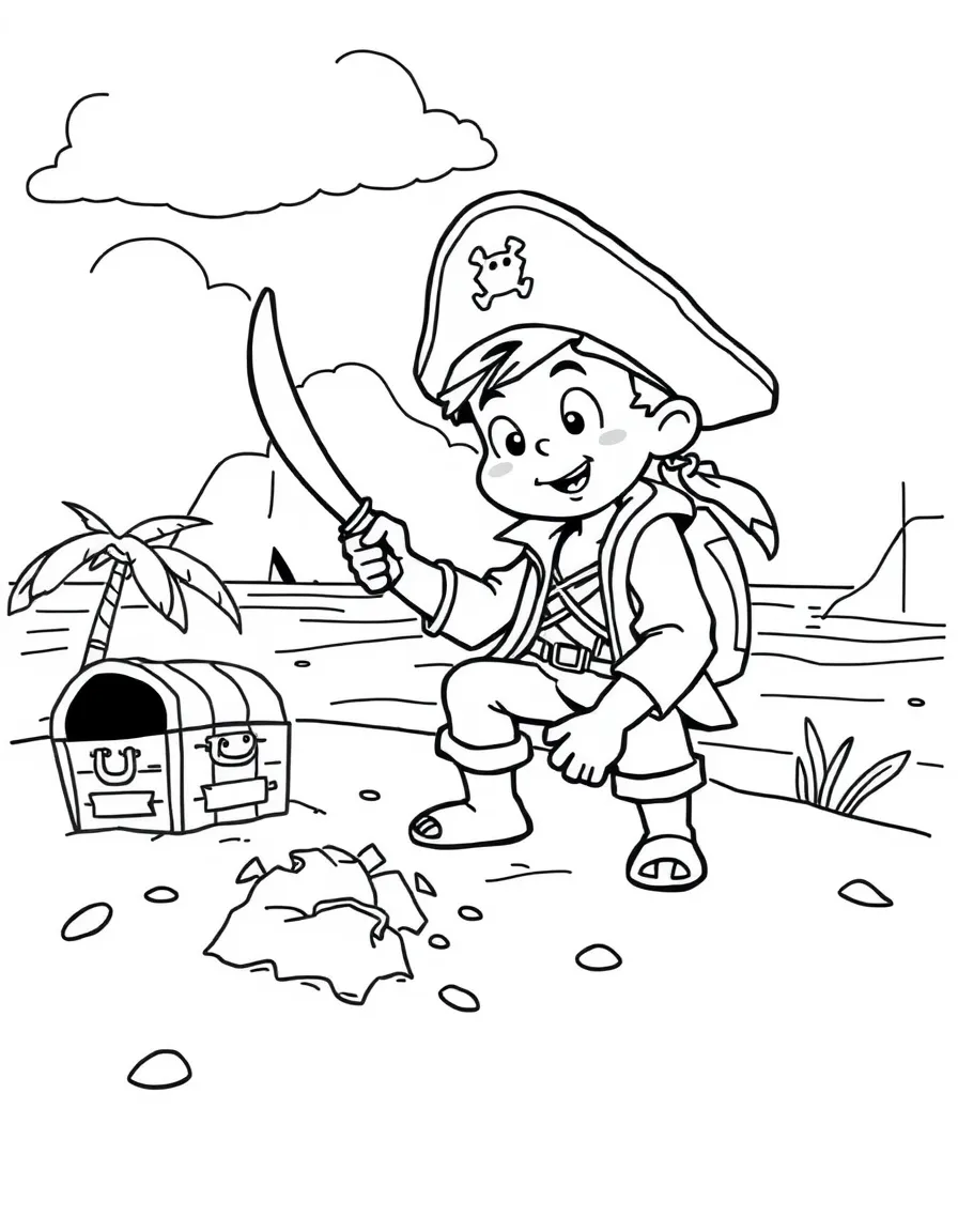 A boy pirate on a treasure hunt, digging for a chest on a deserted island.