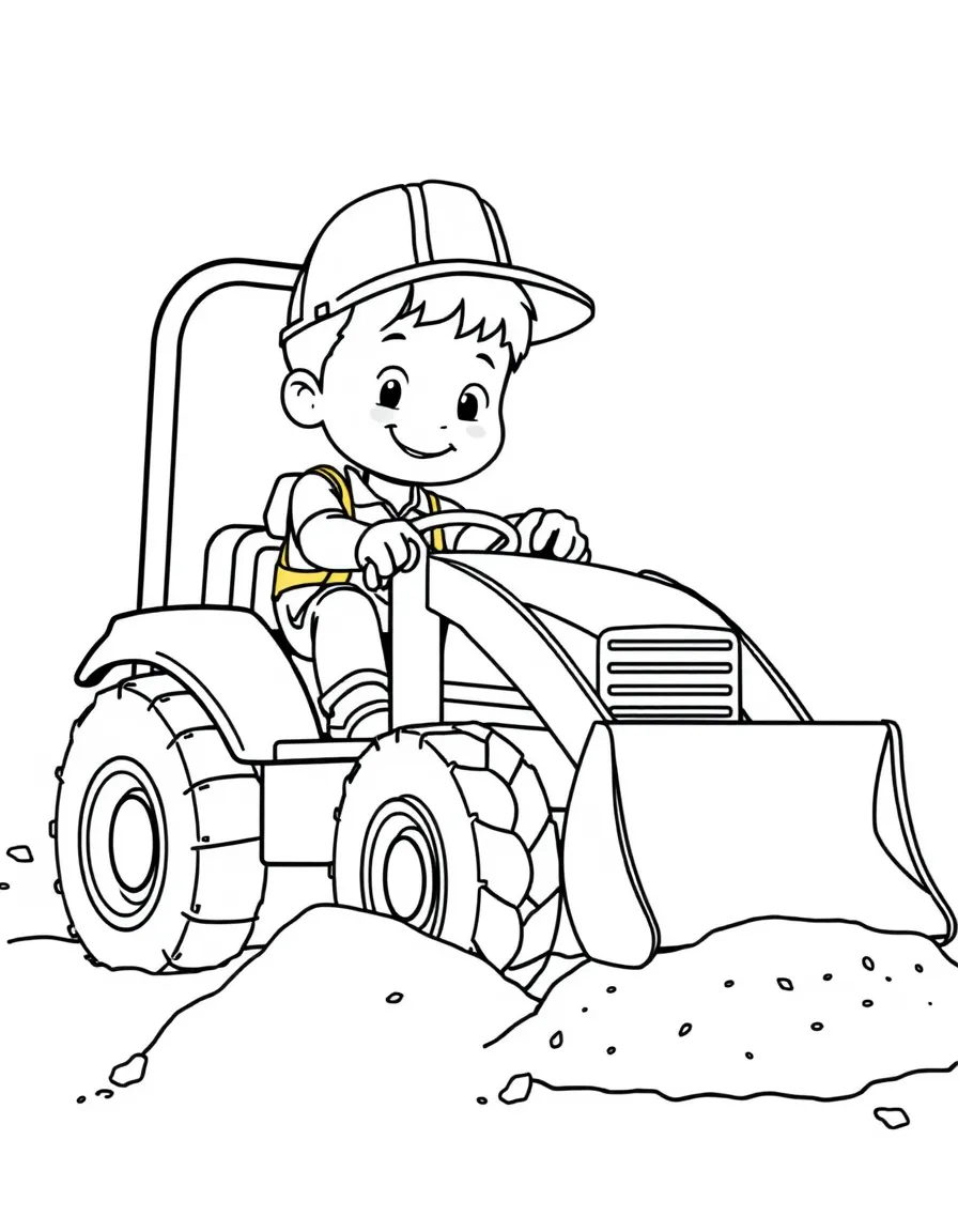 A boy construction worker driving a bulldozer, moving a pile of dirt.