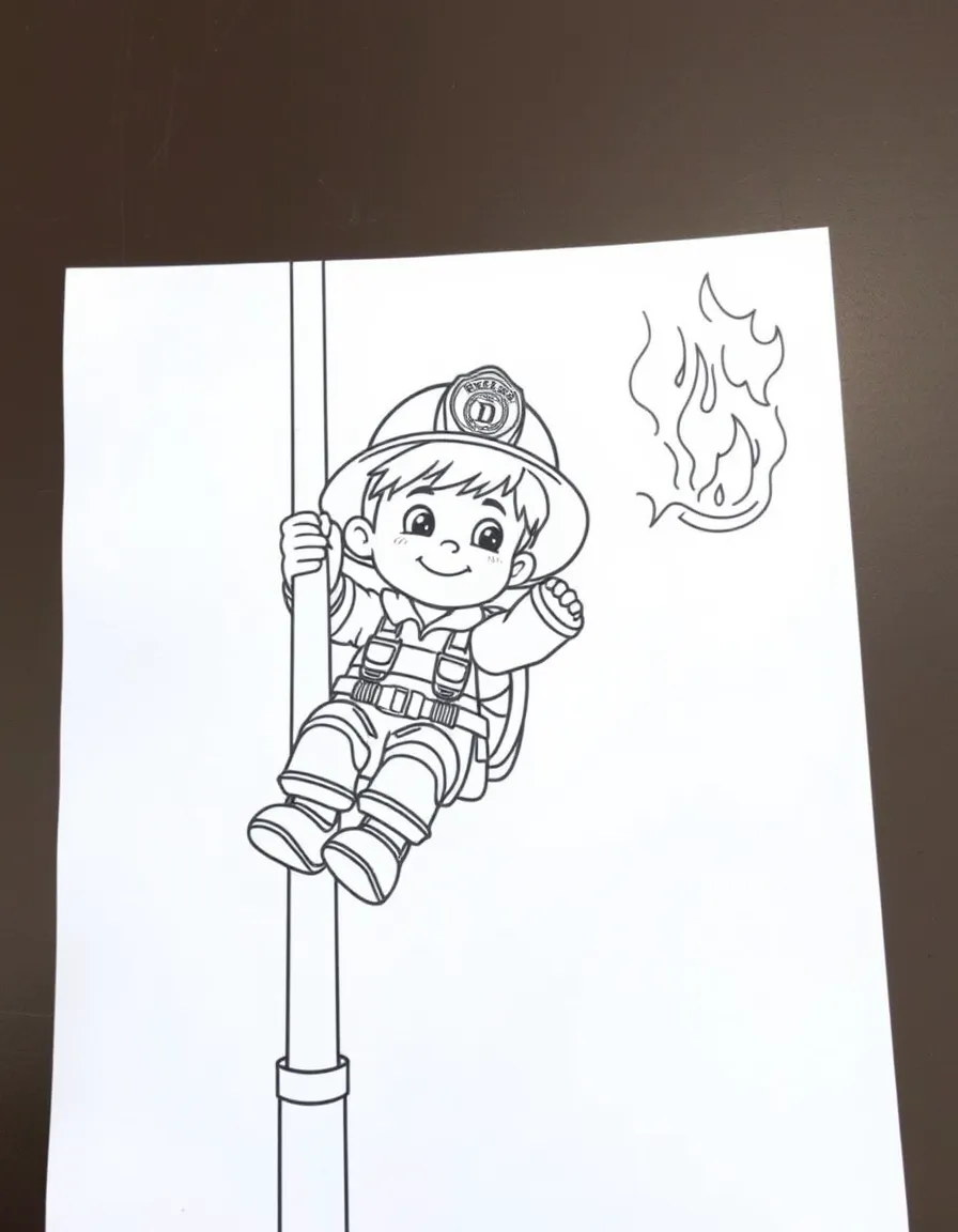 A boy firefighter sliding down a pole, ready to put out a fire with a hose.