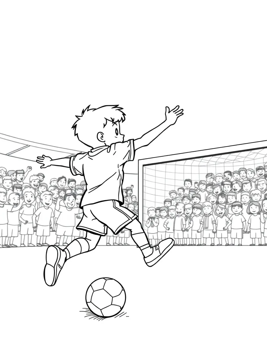 A boy soccer player scoring a goal, with a cheering crowd in the stands.