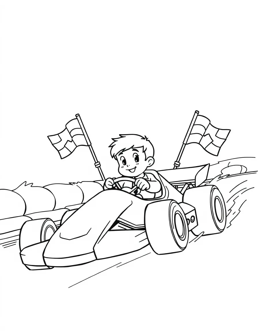 A boy race car driver speeding around a track, with checkered flags waving.