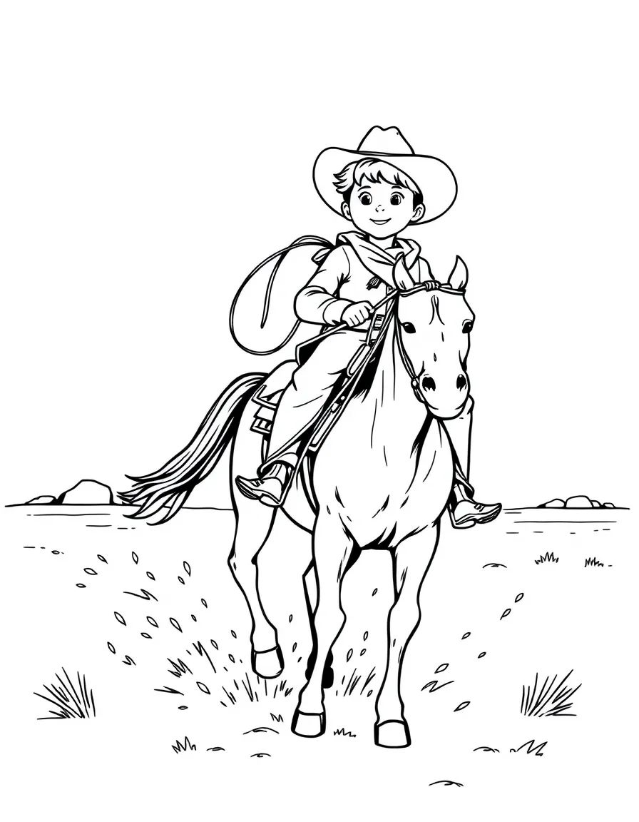 A boy cowboy riding a horse across a dusty plain, with a lasso in his hand.
