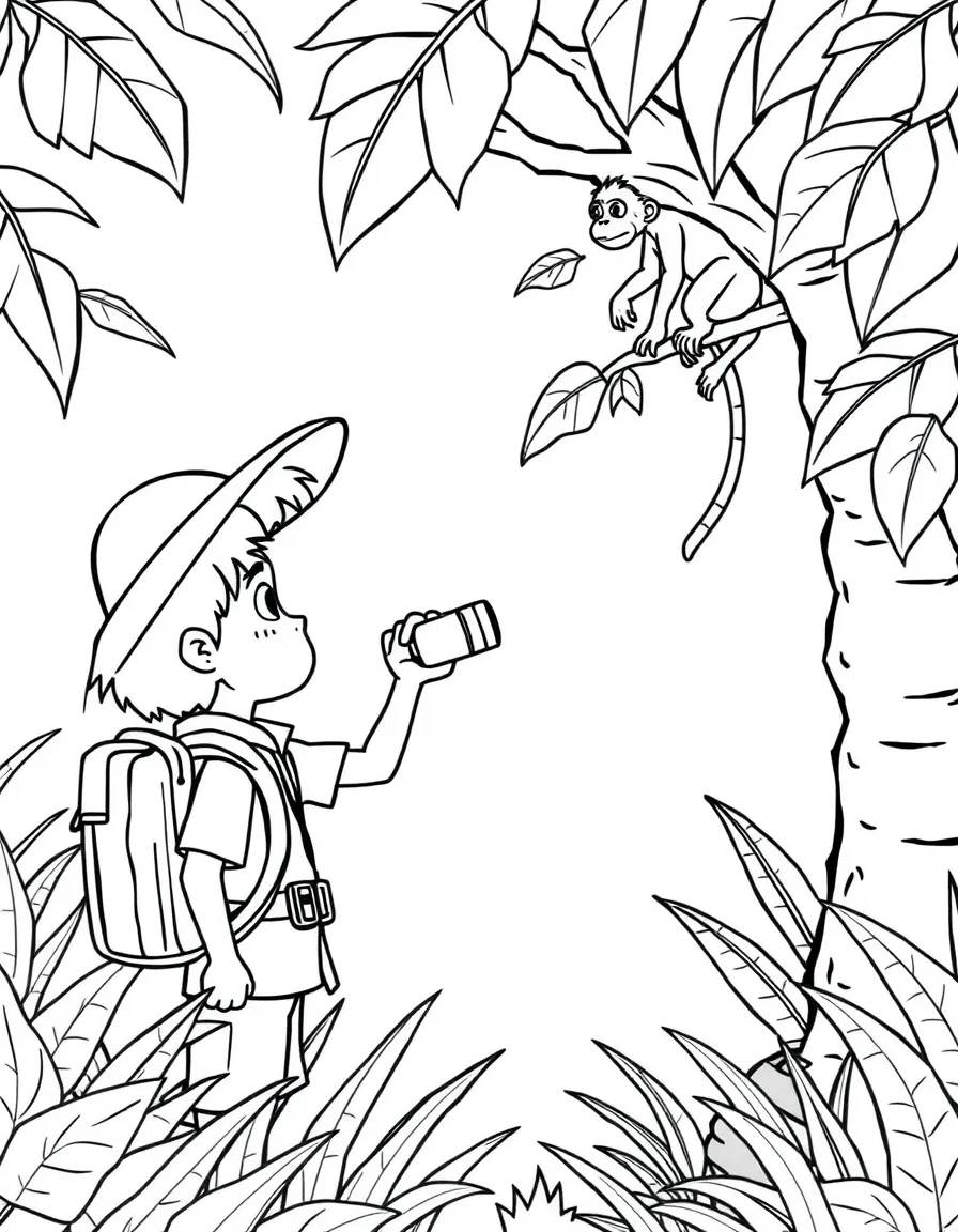 A boy explorer in a jungle, looking at a monkey in a tree with binoculars.