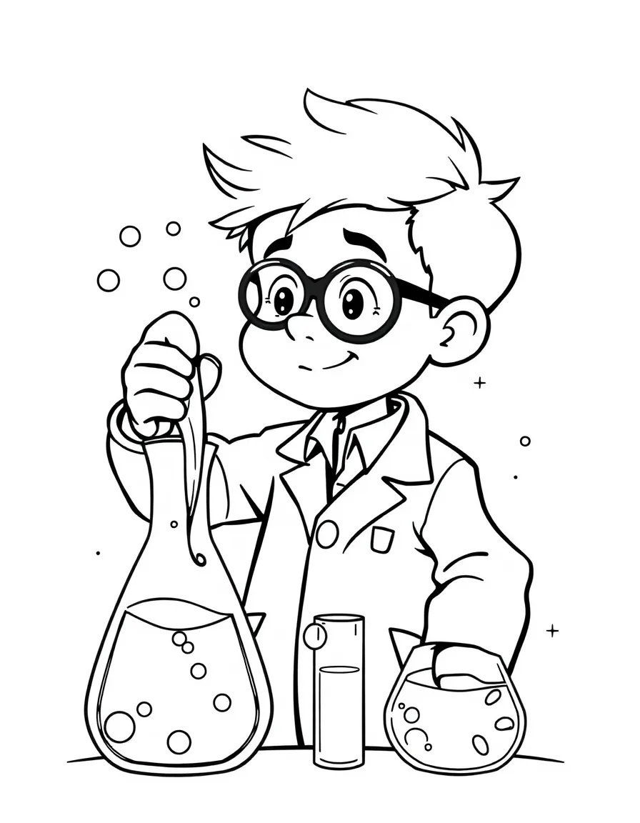 A boy scientist in a lab coat, mixing colorful liquids in beakers with bubbles.