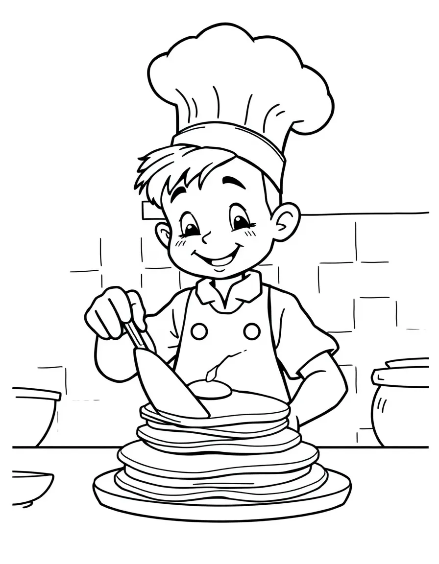 A boy chef flipping pancakes in a kitchen, with a tall chef's hat.