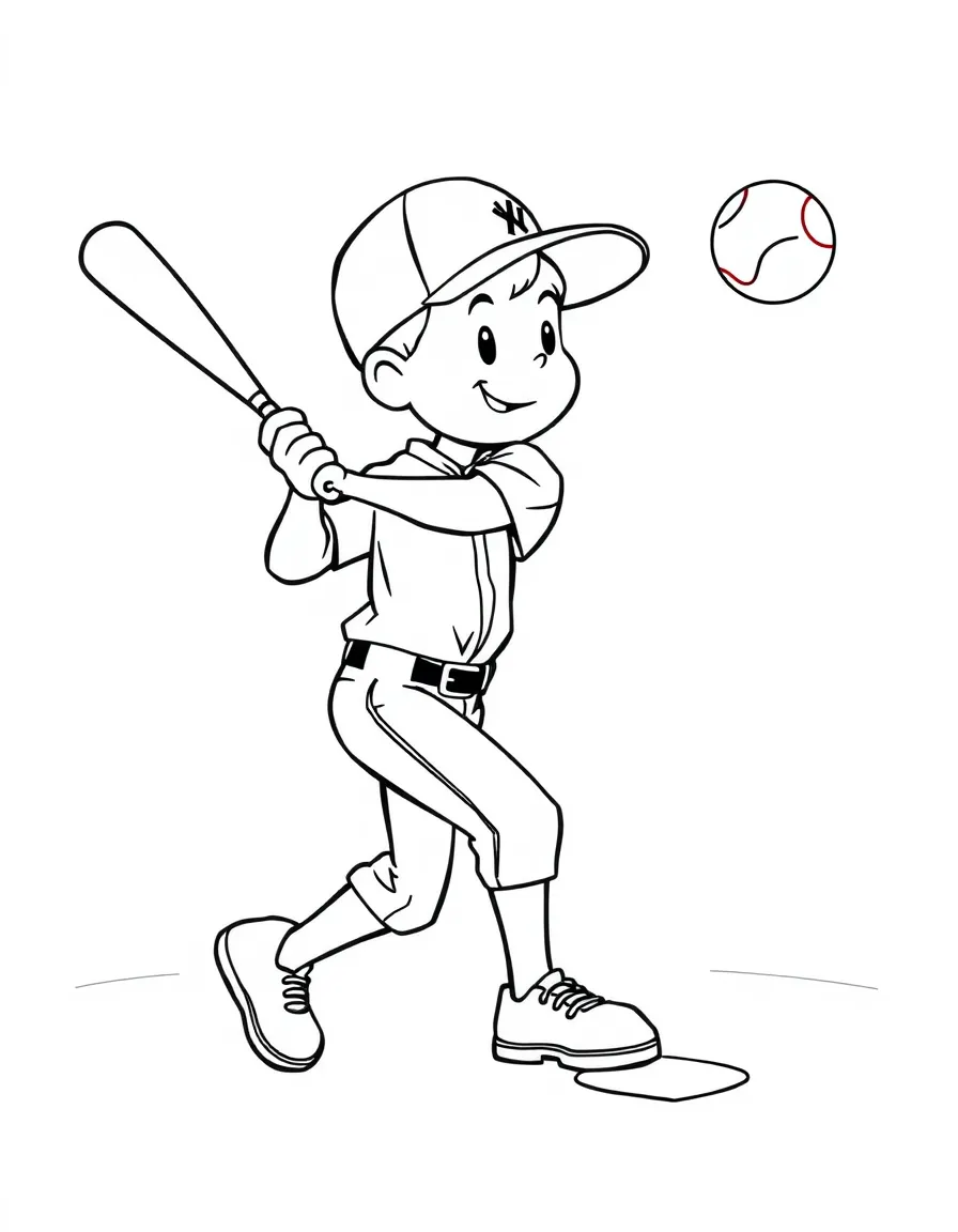 A boy baseball player hitting a home run, with the ball flying through the air.