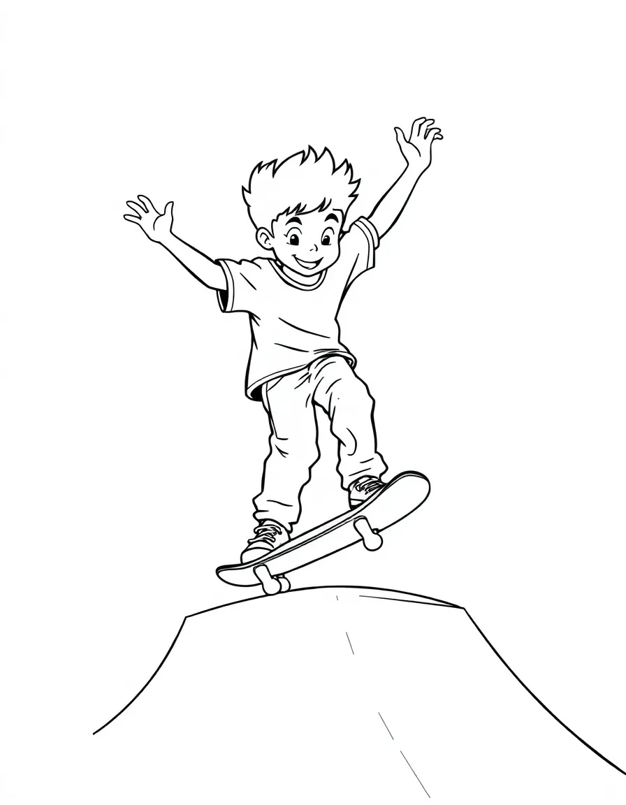A boy skateboarder performing a trick on a ramp, with a cool pose.