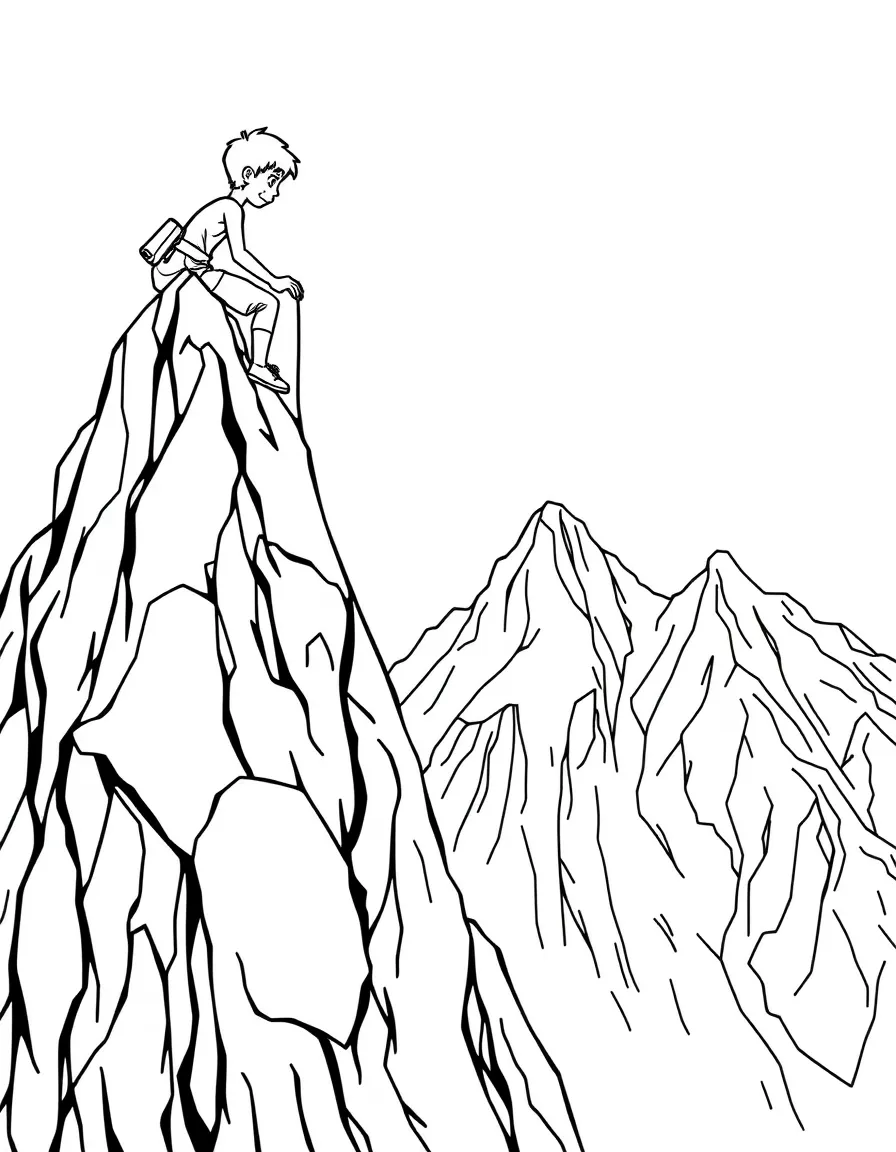 A boy rock climber scaling a tall mountain, reaching for the top.