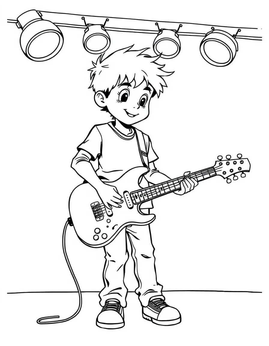 A boy musician playing an electric guitar on a stage, with spotlights on him.