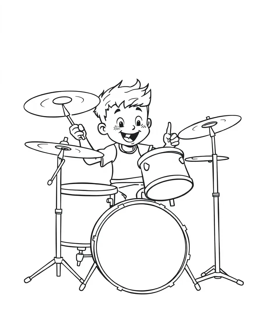 A boy drummer energetically playing a drum set, with cymbals crashing.