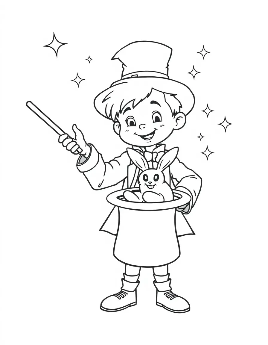 A boy magician pulling a rabbit out of a hat, with stars and sparkles.