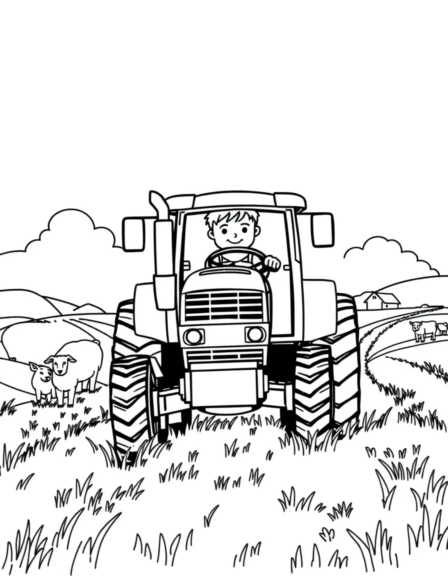 A boy farmer driving a tractor through a field, with farm animals in the background.