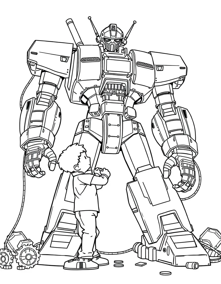 A boy robot builder putting together a giant robot, with wires and gears.
