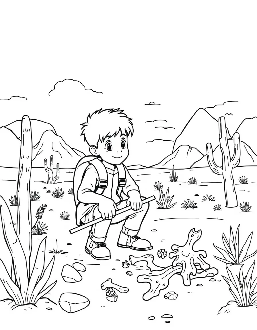 A boy paleontologist digging for dinosaur bones in the desert.