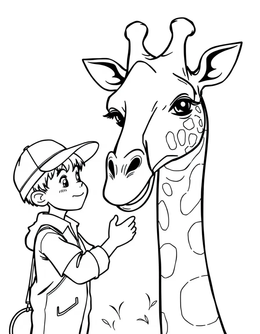 A boy zookeeper feeding a friendly giraffe at the zoo.