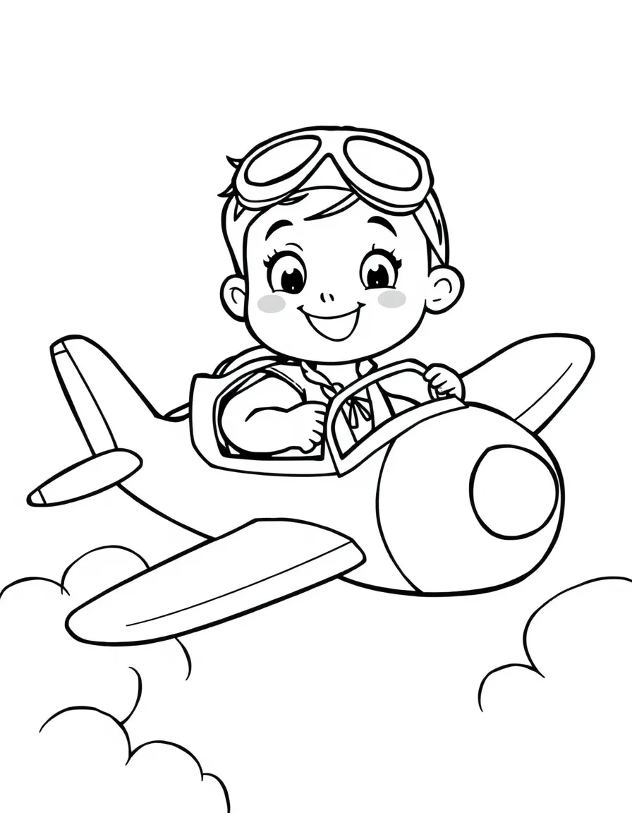 A boy pilot flying a plane through the clouds, with a happy smile.