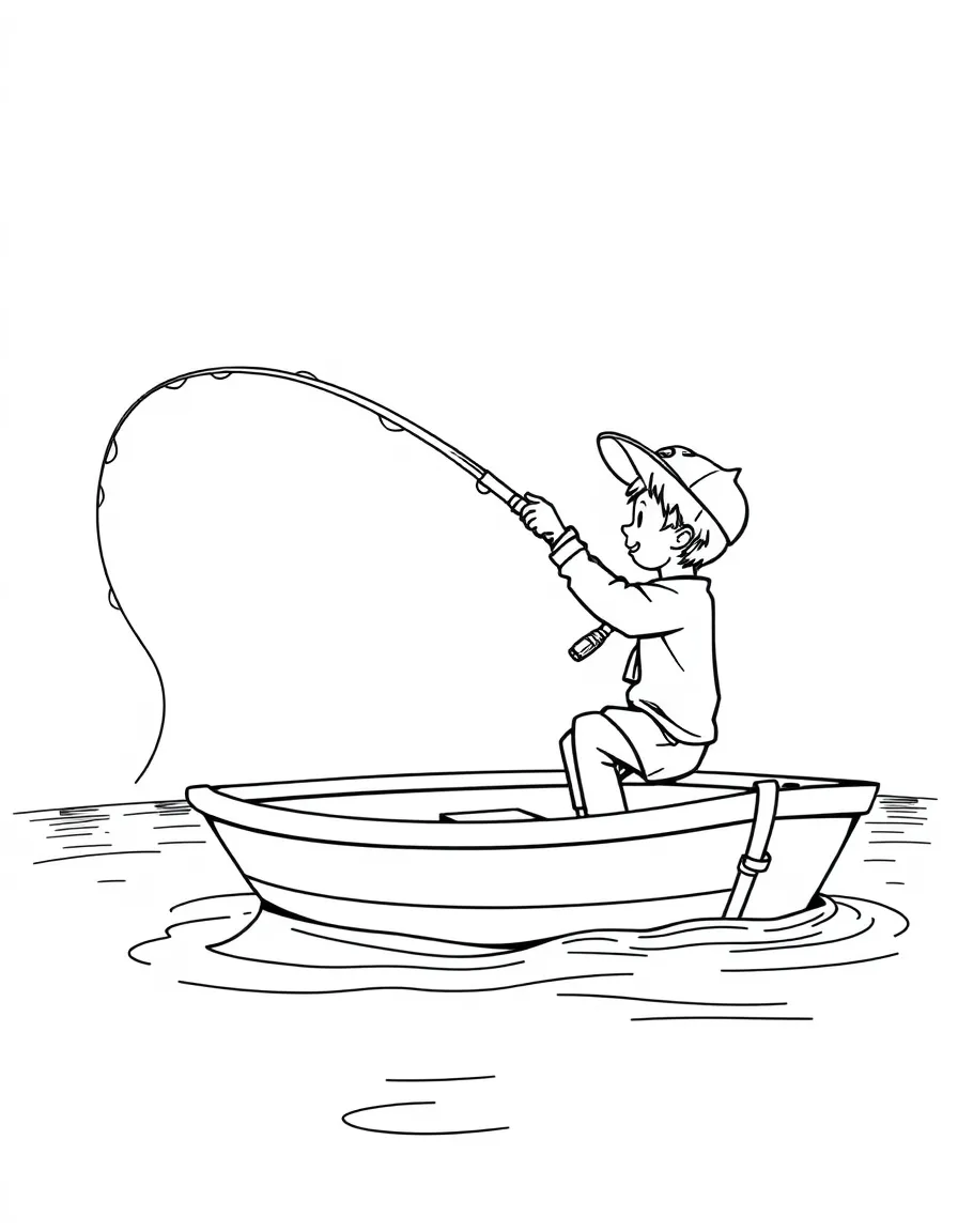 A boy fisherman reeling in a big fish from a boat on a lake.