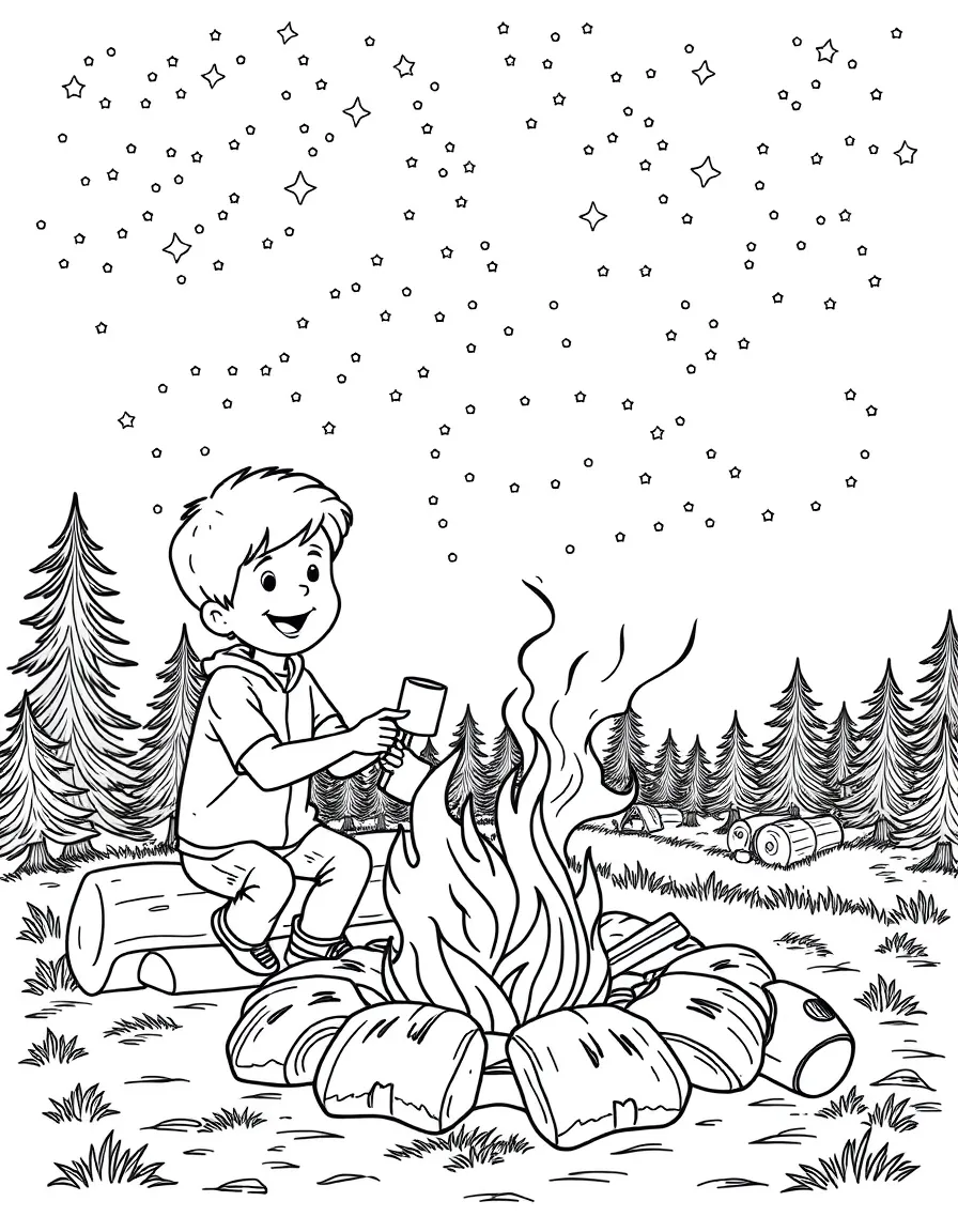 A boy camper roasting marshmallows over a campfire under a starry sky.