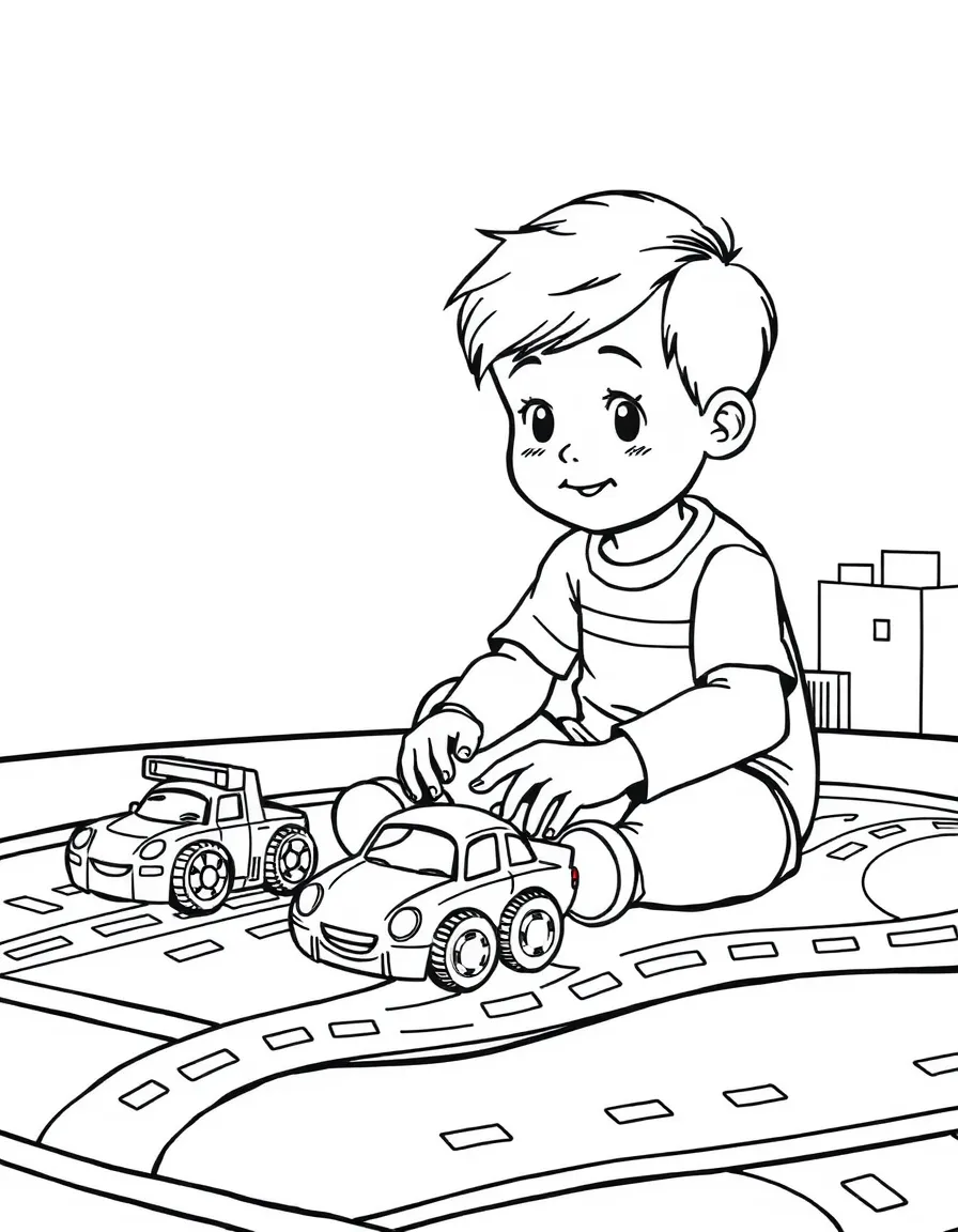A boy playing with toy cars on a rug with roads and buildings.