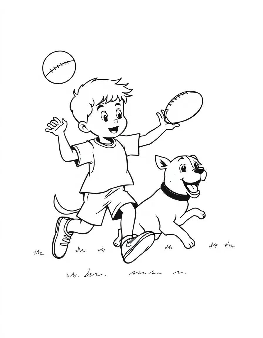A boy throwing a football, with a dog running to catch it.
