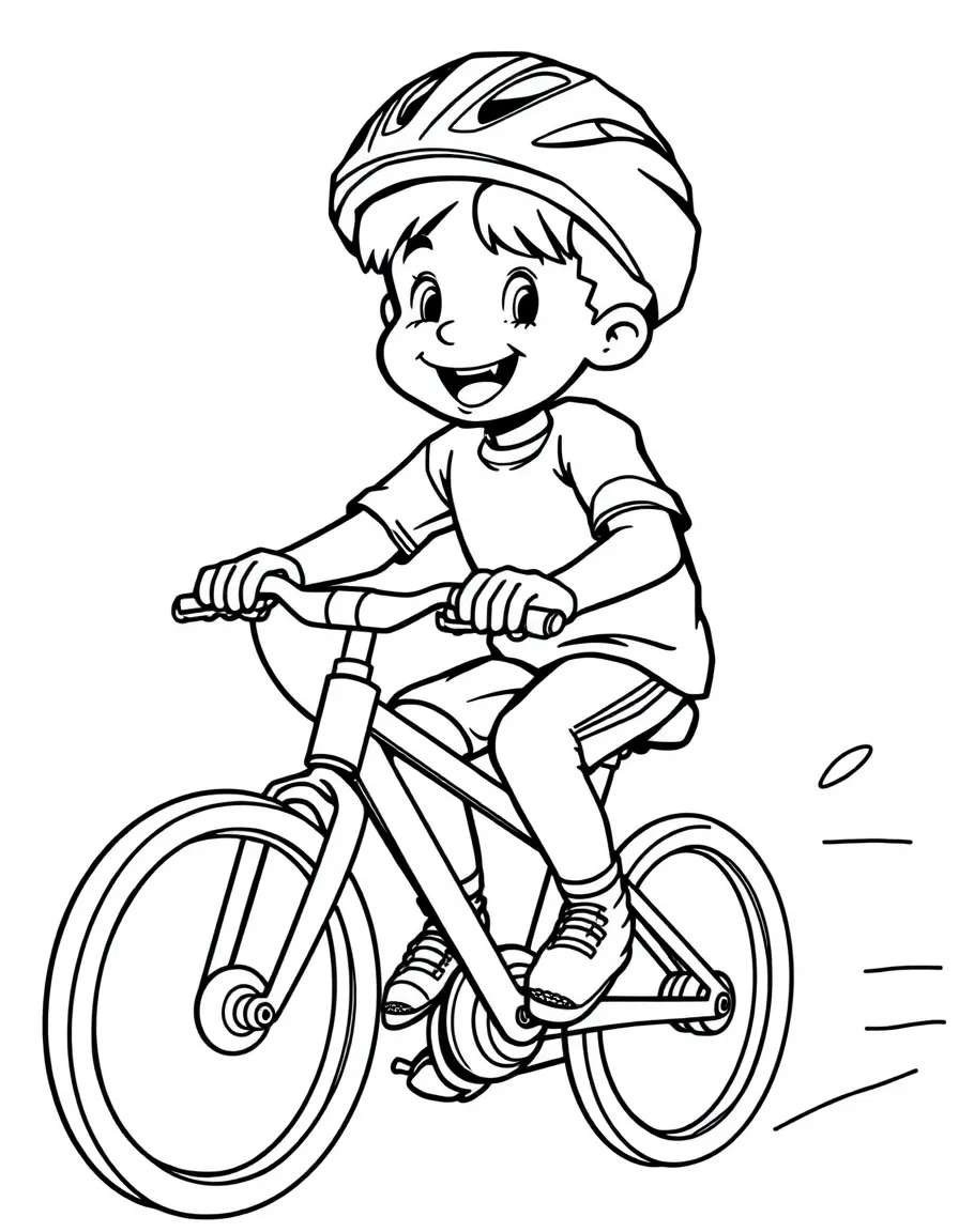 A boy riding his bike with a helmet, smiling and pedaling fast.