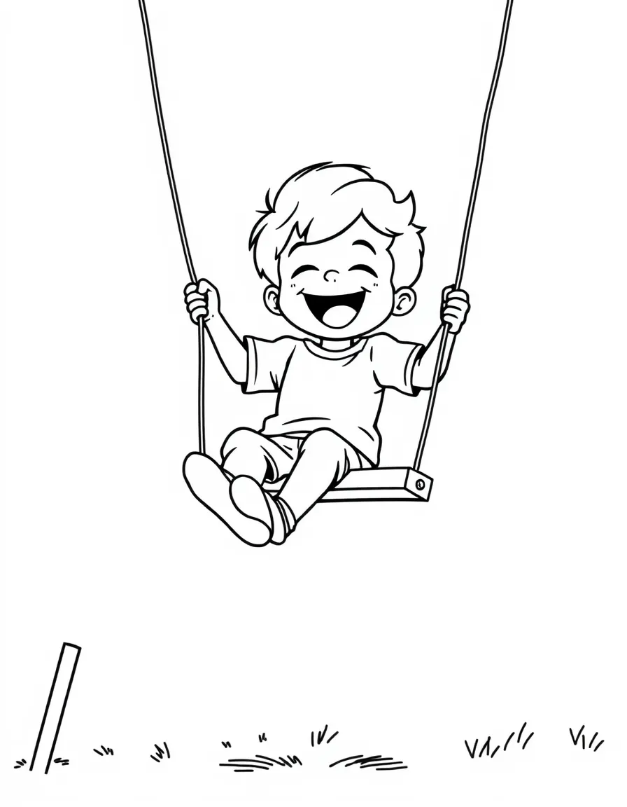 A boy on a swing set, swinging really high and laughing.
