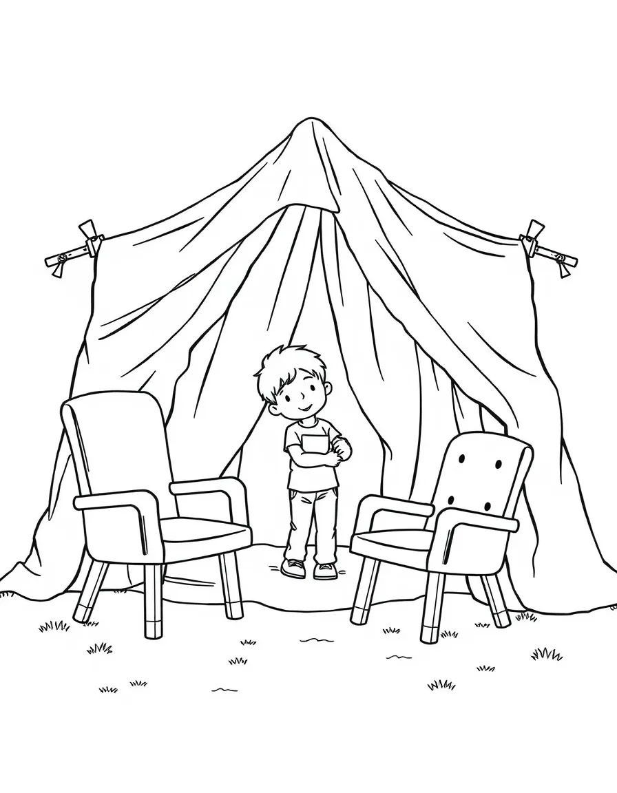 A boy building a fort out of blankets and chairs, with a secret entrance.
