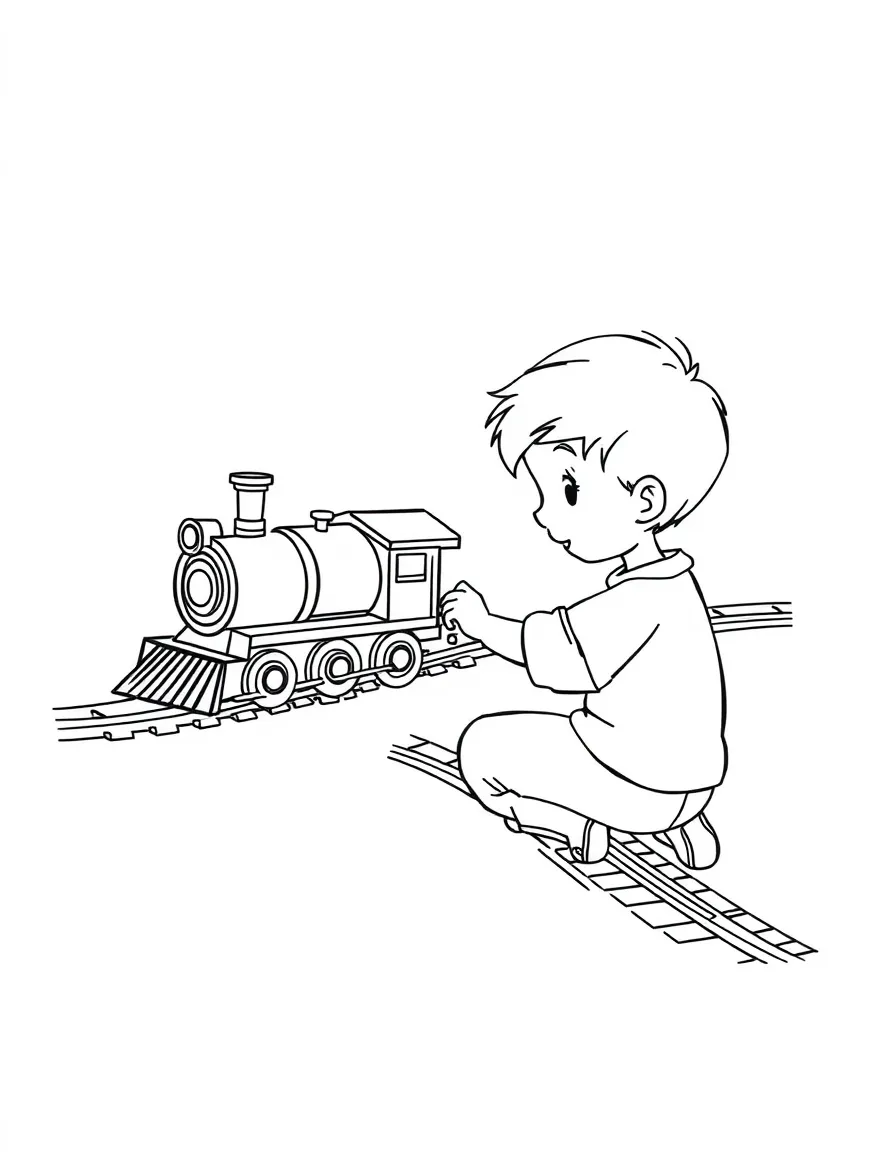 A boy playing with a train set, making the train go around the tracks.