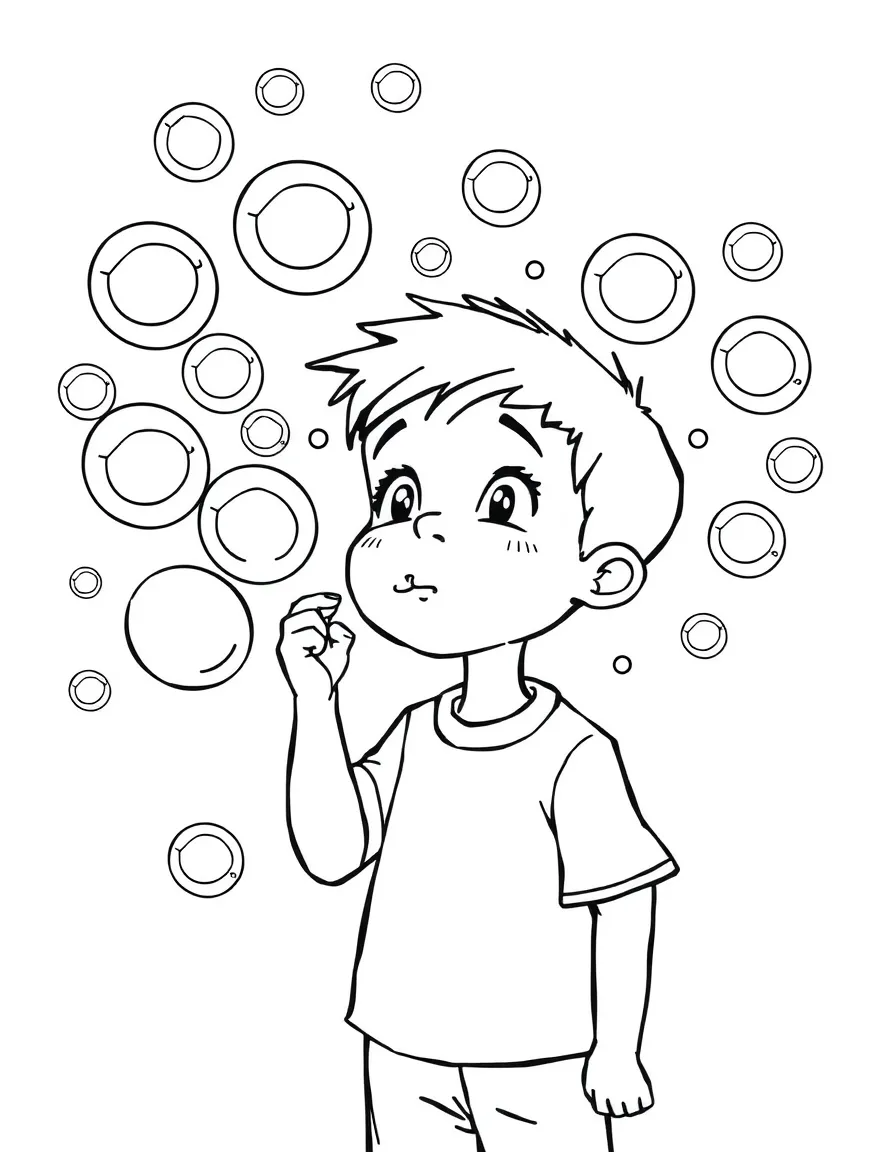 A boy blowing bubbles, with many big and small bubbles floating.