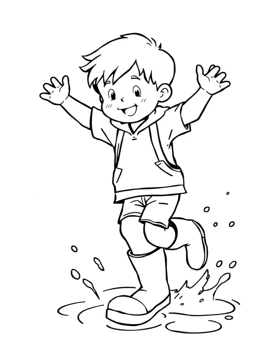 A boy in rain boots, jumping in puddles and splashing water.