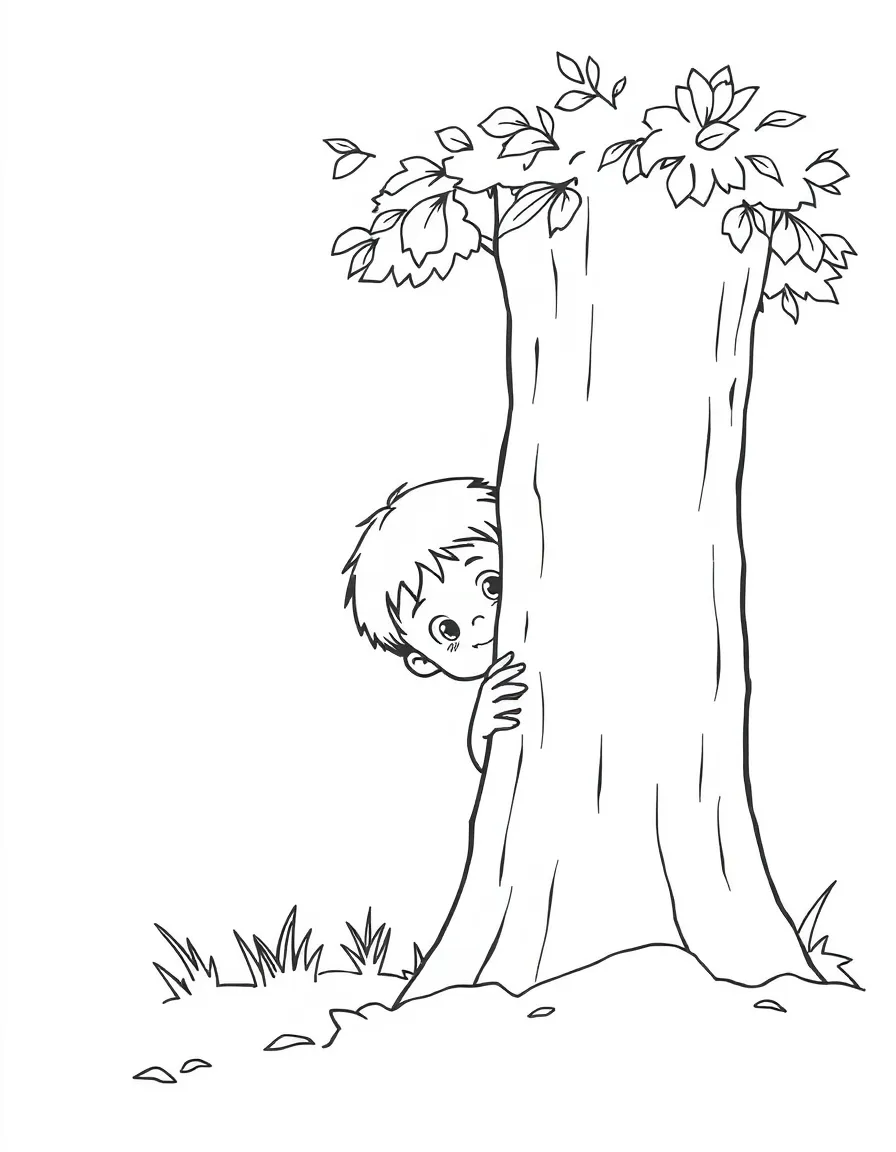 A boy playing hide-and-seek, peeking from behind a tree.