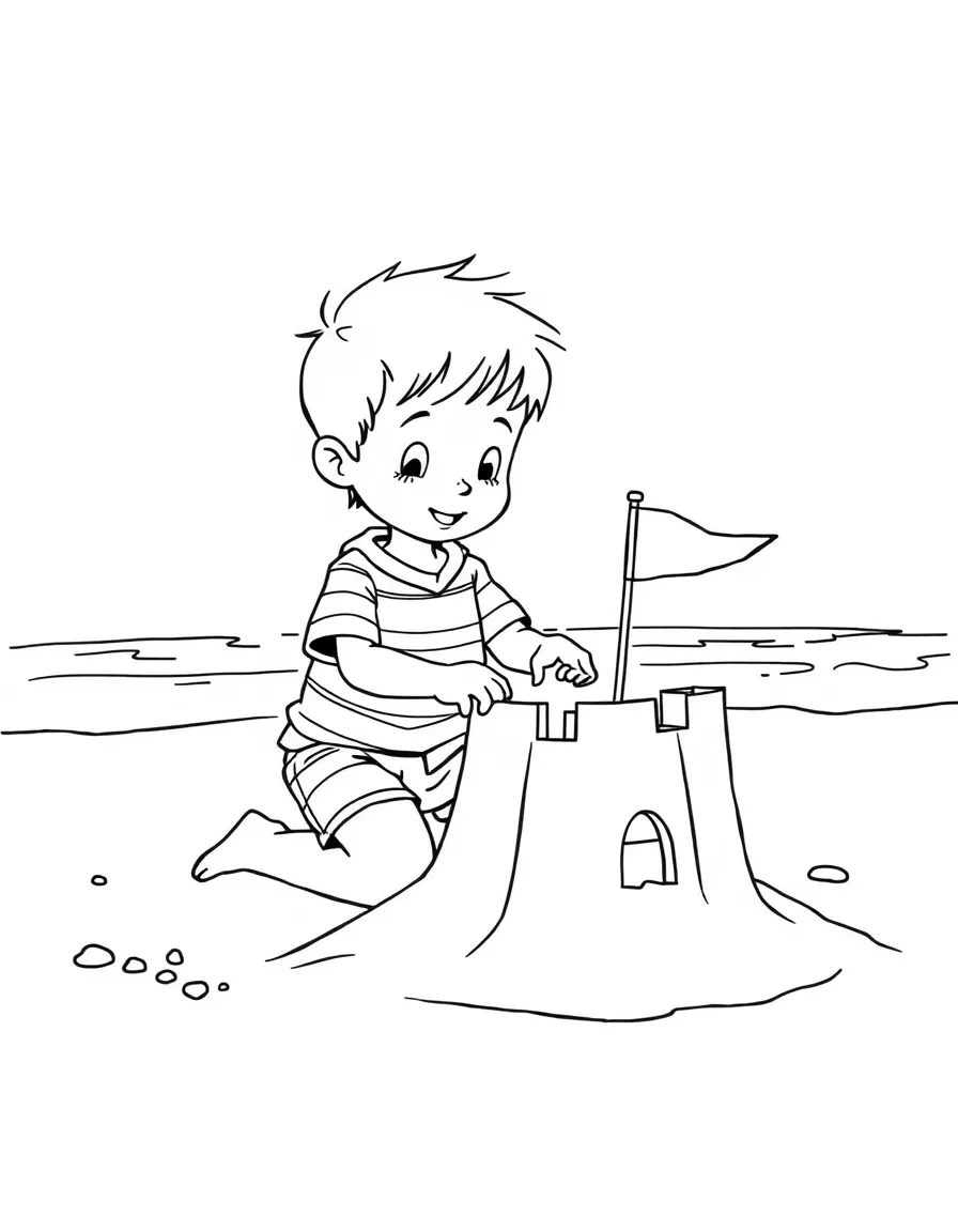 A boy at the beach, building a sandcastle with flags.