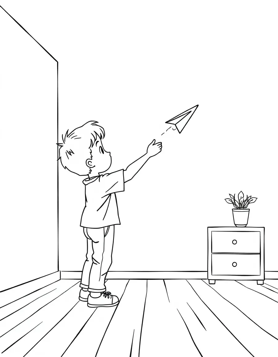 A boy making a paper airplane and throwing it across the room.