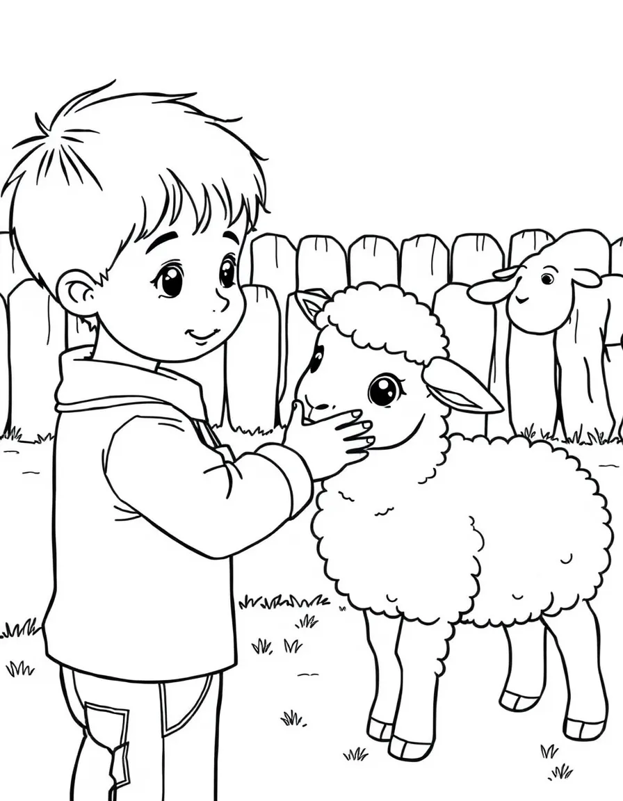 A boy at a petting zoo, gently patting a fluffy lamb.