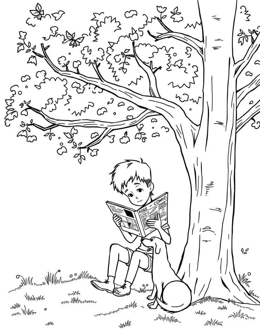 A boy reading a comic book under a big tree, with a dog by his side.
